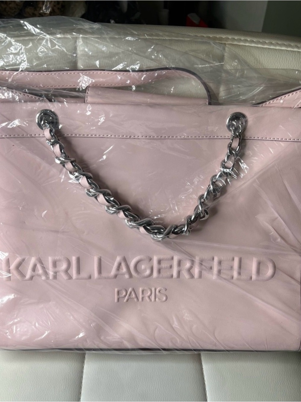 Karl Lagerfeld Pink Chain-Handle Tote with Embossed Logo